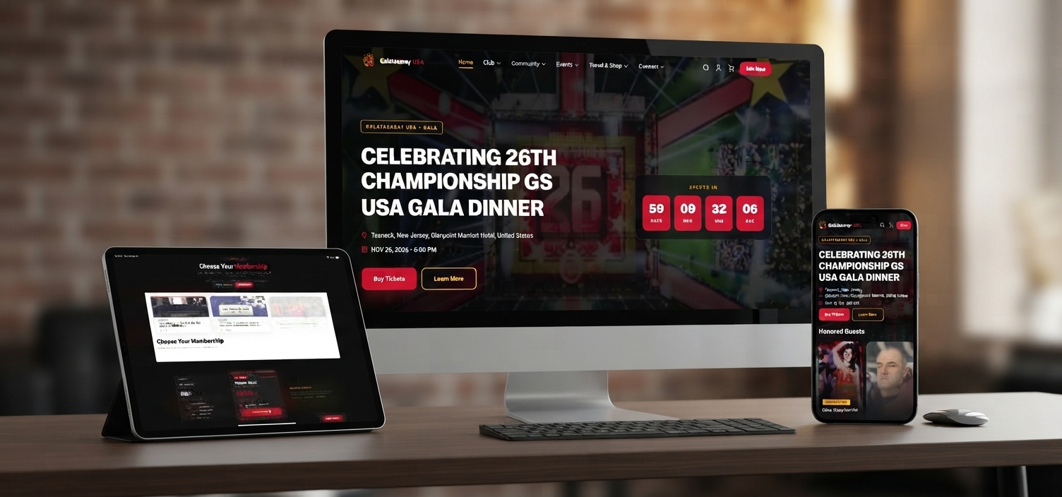 Galatasaray USA website on a desktop, tablet, and phone, with the championship gala and membership layouts