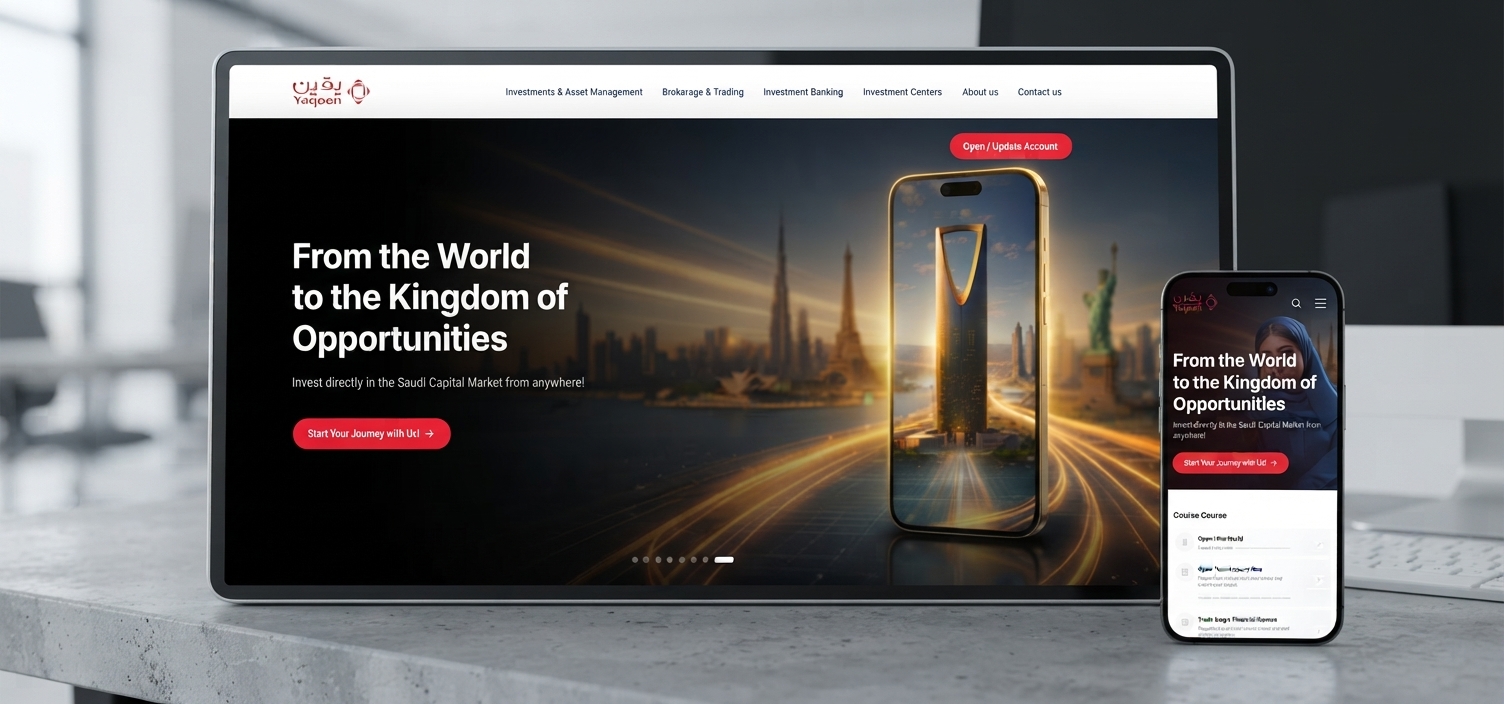 Yaqeen investment website on a laptop and phone, with the Saudi capital market homepage and account opening
