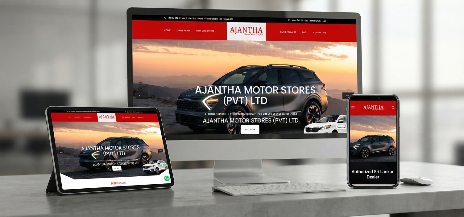 Ajantha Motor Stores website on a desktop, tablet, and phone, with the dealer homepage