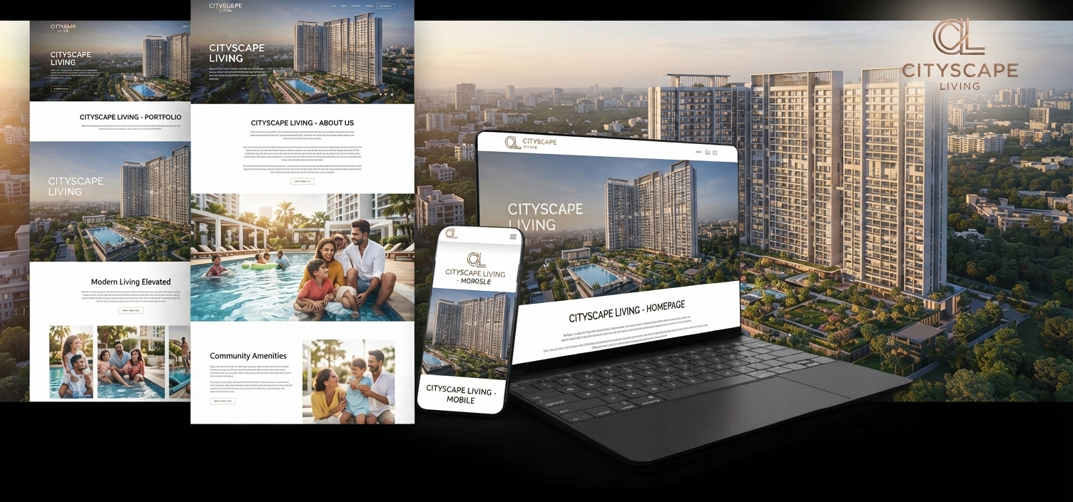 Cityscape Living website on a laptop and phone, with homepage, portfolio, about, and amenities layouts