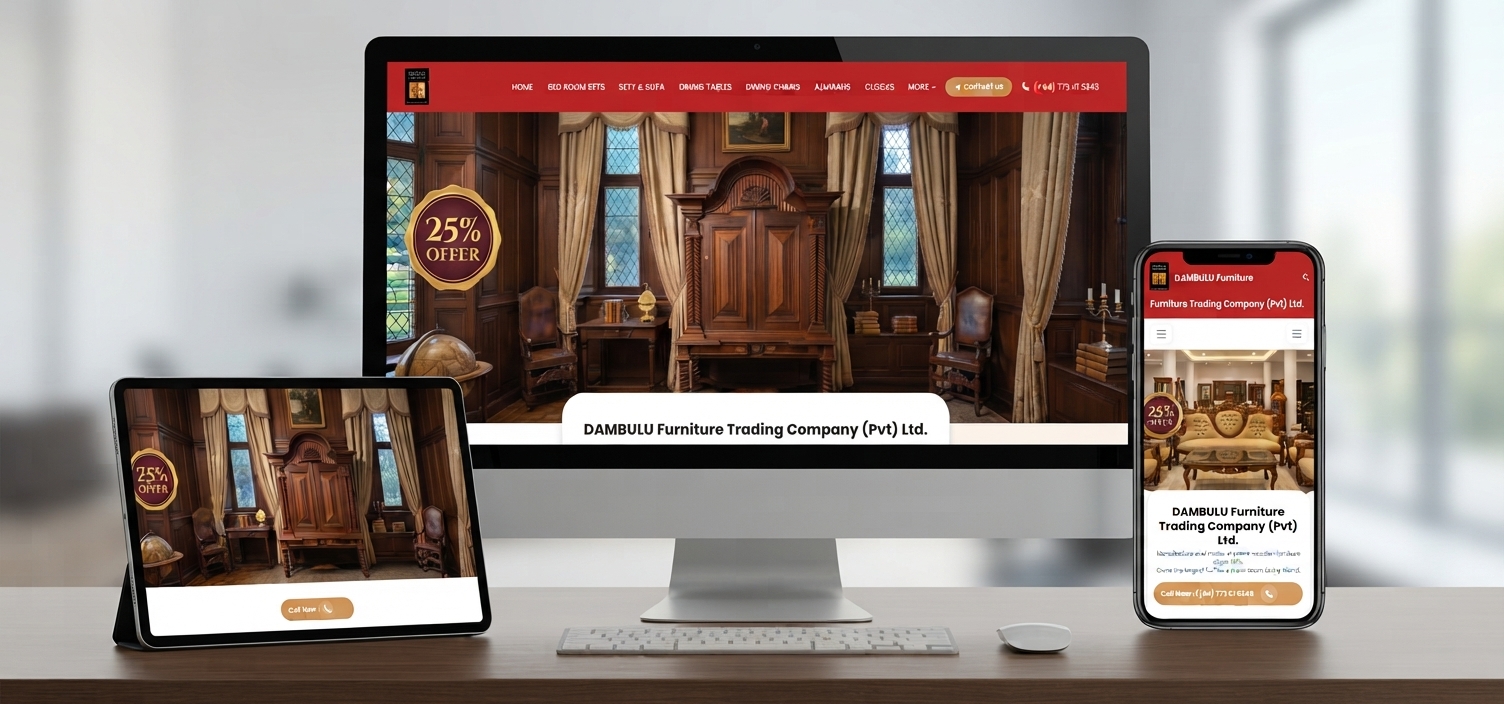 Dambulu Furniture website on a desktop, tablet, and phone, with the showroom homepage and a 25 percent offer